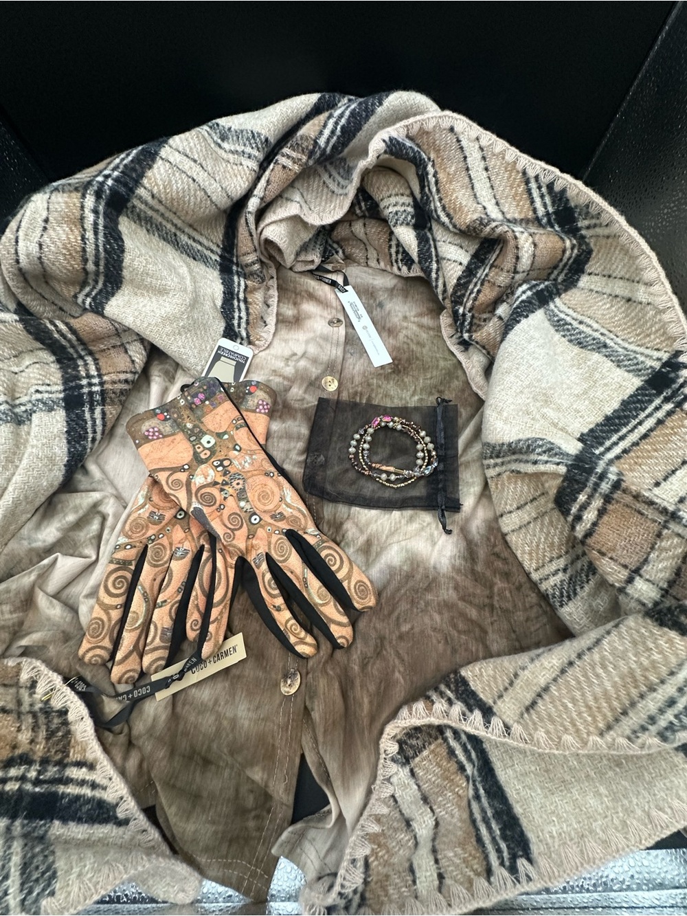 Coco + Carmen Tan and Black Swirl Pattern Leather Gloves